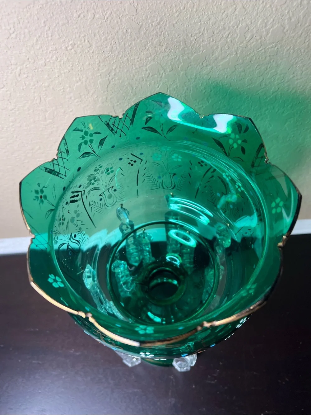 Antique Late 1800s Victorian Bohemian Glass Lustre Form, Emerald Green, Mantle